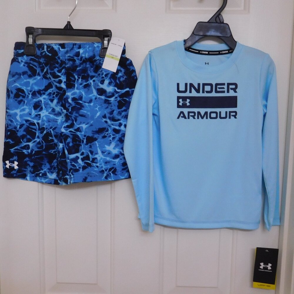 NWT 2pc Under Armour Long Sleeve Blue Swim Shirt & Swim Shorts Set sz 2t